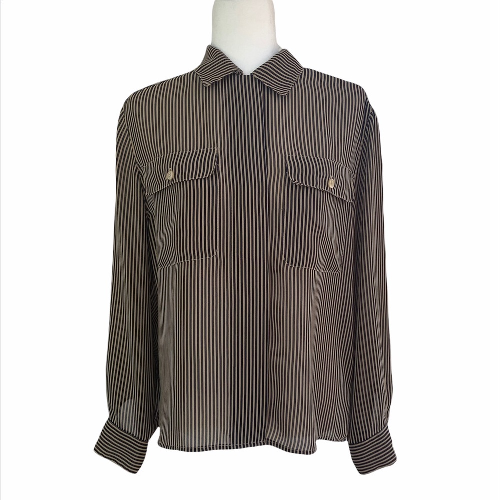 Jones New York Striped Button Up Long Sleeve Blouse
